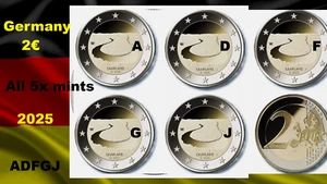 Alemania 5x monedas 2€ euro 2025 ADFGJ Mints Sarre Saarschleife Saar river loop - Imagen 1 de 6