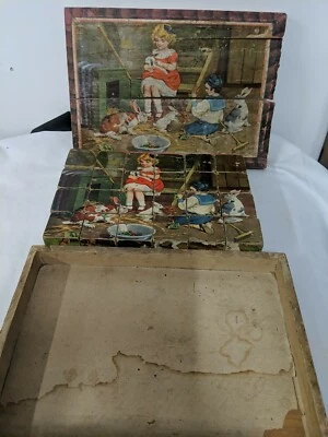 Antique Lithograph  24 PCs Wooden Blocks Childrens Puzzle Game 4 Sided Set grman - Image 1 of 4
