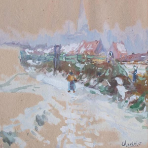 Vista pueblo invierno impresionismo Países Bajos firmado van Elst Gouache 1912 - Imagen 1 de 3