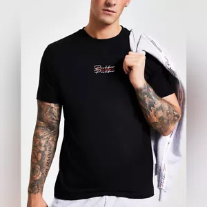 River Island Black Prolific Embroidered Slim Fit T-Shirt - Picture 1 of 5