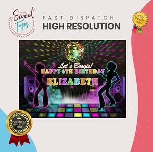 DISCO THEMED PERSONALISED RECTANGLE EDIBLE BIRTHDAY CAKE TOPPER DECORATION - Picture 1 of 1