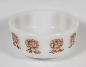 Federal Milk Glass Bowl White Brown Sunflowers Floral 1 Cup Size MCM Vintage - Picture 1 of 8