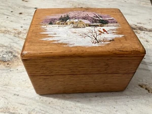 Vintage oak recipe box with dividers painted top snow scene cardinals wagon barn - Picture 1 of 11