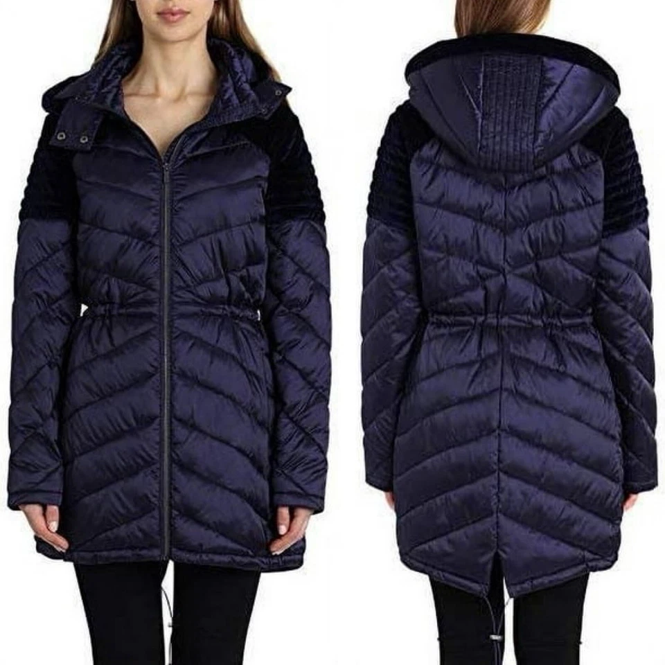 Abrigo Badgley Mischka Mallory Puffer Embalable Azul Terciopelo Acolchado Nylon Talla XL Foto 1 de 4