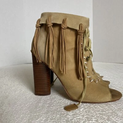 Botas para mujer 5,5 flecos tostados al tobillo Cynthia Vincent "clavado" cuero punta abierta Foto 1 de 4