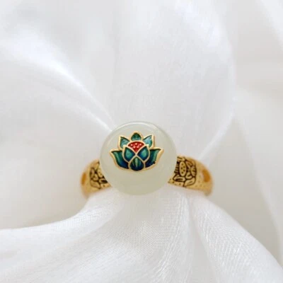 D10 Anello Fiori di Loto Sur Chiare Giada 925 Argento Sterling Placcato Oro - Immagine 1 di 4