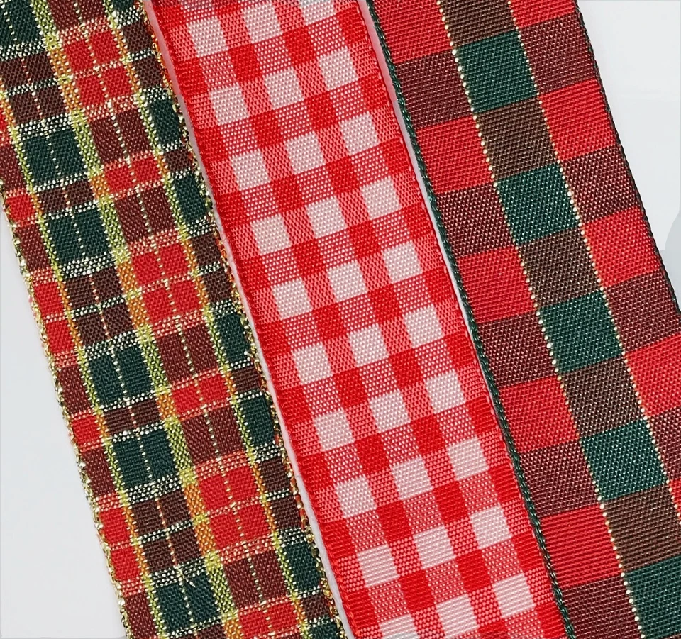 2.5 Yards Christmas Tartan Ribbon Red Green Gold Wreath Decoration Craft Florist - Image 1 of 1