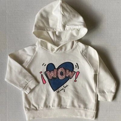 Zara Baby Hoodie Size 6 9 Months WOW Heart Sequins White Be My Love Sweatshirt - Image 1 of 4