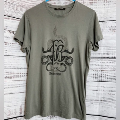 Roberto cavalli Tee Mens Sz M Snake Print crew Neck Logo Army Green cotton shirt - Image 1 of 4
