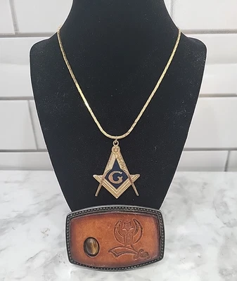 Dije de albañilería libre masónica Shriners* y cinturón de cuero tejedor hebilla de vaquero occidental Foto 1 de 4