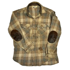 Vintage 1960s Woolrich Wool Hunting Shirt Plaid Leather Elbow Patch - Picture 1 of 18