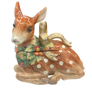 Fitz And Floyd SNOWY WOODS Brown Deer Fawn Candy Jar Retired Bow Pine Berries - Picture 1 of 11
