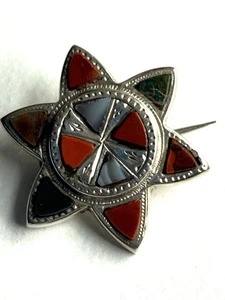 ANTIQUE VICTORIAN FINE SILVER SCOTTISH AGATE STAR BROOCH - Picture 1 of 2