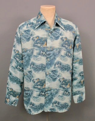 Men's VTG 70s Blue & Yellow Dog Print Polyester Shirt Sz L 1970s Disco - Image 1 of 4