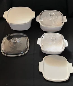 Corning Ware White 1 2 & 3 Qt Casseroles Pyrex Glass & Plastic Lids A 3 B A 2 B - Picture 1 of 6