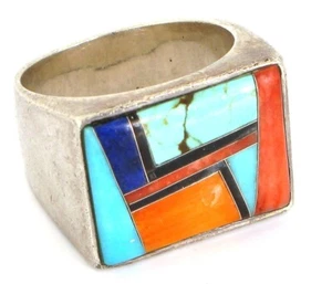 VTG NATIVE AMERICAN SIGNED CK STERLING SILVER INLAY RING TURQUOISE SIZE 10.5 - Picture 1 of 2