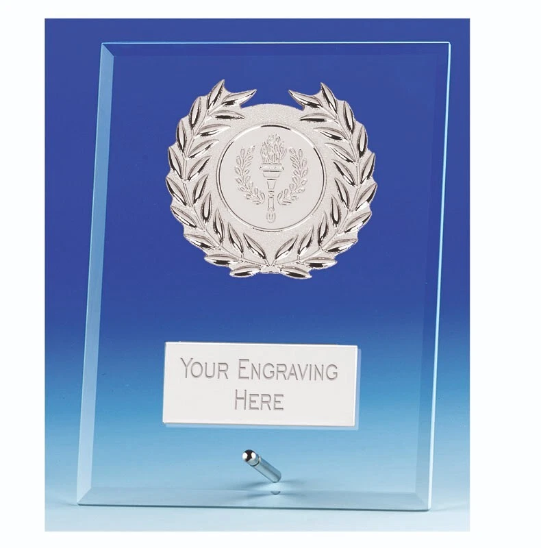 TROPHIES 4 EVERYTHING Glasschild Trophäe 11 cm hoch Silber Metall Lorbeerbefestigung *KOSTENLOSE GRAVUR*