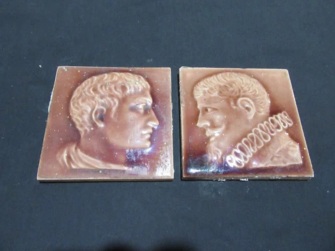 ~ PAIR OF ANTIQUE VICTORIAN PORTRAIT TILES ~ 4.25 SQUARE ~ ARCHITECTURAL SALVAGE Cover
