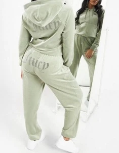JUICY COUTURE DIAMANTE VELOUR TRACKSUIT HOODIE JACKET PANTS SAGE GREEN RRP $250 - Picture 1 of 7