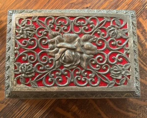Vintage Trinket Box Ornate Silver Plate Japan Red Velvet Lined Hinged Floral - Picture 1 of 8