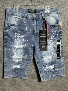 Reason Boys Shorts 8-20 Size 14 Bermuda Distressed Slim Fit Stretch Denim Blue - Picture 1 of 12