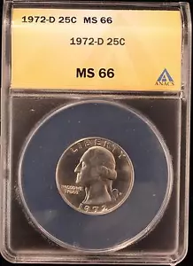 1972-D WASHINGTON QUARTER CHOICE GEM UNC ANACS MS66 US COIN 786 - Picture 1 of 1