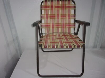 Retro Webbed Aluminum Folding Lawn Chair Red Yellow Stripes - Image 1 of 4