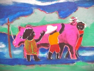 Vintage Original Painting by Bob Kohl Black Children with Pink Cow - Picture 1 of 5