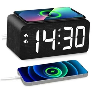 Wood Digital Alarm Clock with 10W Fast Wireless Charger, USB Charging Black - Picture 1 of 8