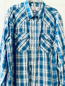 Crazy Cowboy Men's XXL PEARL Snap Western Turquoise Shirt 2X BIG L/S Blue  Plaid - Picture 1 of 6
