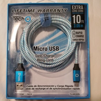 NIB Tech 361 10ft Micro USB Sync Charge Bling Cord Cable Lifetime Warranty Blue - Image 1 of 3