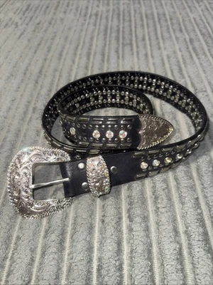 Cinturón occidental de cuero Nocona Bling negro plateado estrás tachuelas línea baile grande Foto 1 de 4