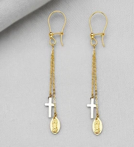 14K Gold Cross Earrings Tri Color Dangle Chain Drop Lever Back Oval - Picture 1 of 6