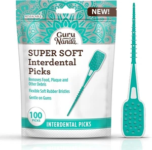 GuruNanda Interdental Picks (Pack of 100), Super Soft & Flexible Rubber Bristles - Picture 1 of 8
