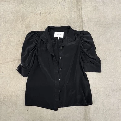 Camisa con botones de manga corta abullonada de seda con marco para mujer talla XS Foto 1 de 4