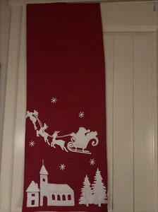 CYNTHIA ROWLEY CHRISTMAS TABLE RUNNER RED & WHITE STITCHED SANTA TREES CHURCH - Picture 1 of 6