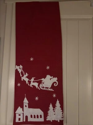 CYNTHIA ROWLEY CHRISTMAS TABLE RUNNER RED & WHITE STITCHED SANTA TREES CHURCH - Image 1 of 4