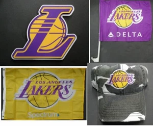 Los Angeles Lakers 3x5 Inch Logo. 23x26 Inch Flag, Car Flag and Lakers Hat Lot - Picture 1 of 7