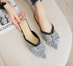 Womens 2024 Fashion Rhinestone Sequins Pointed Toe Slipers Leisure Flat shoes  - Picture 1 of 10