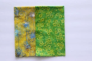 Lot - 2 pieces 1/8th yd cotton Batik quilt fabric yellow green floral - Picture 1 of 1