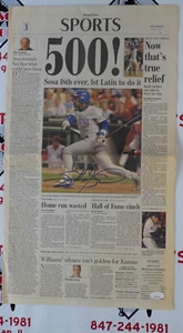 SAMMY SOSA SIGNED CHICAGO TRIBUNE NEWSPAPER APRIL 5 2003 JSA COA - 500TH HOMERUN - Picture 1 of 3