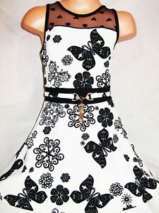 GIRLS WHITE BLACK FLOWER BUTTERFLY PRINT LACE CONTRAST PARTY DRESS age 3-4