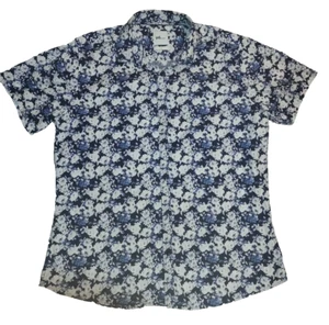 Camisa de vestir informal grande calce ajustado YD para hombre azul blanco estampado floral por todas partes - Imagen 1 de 5