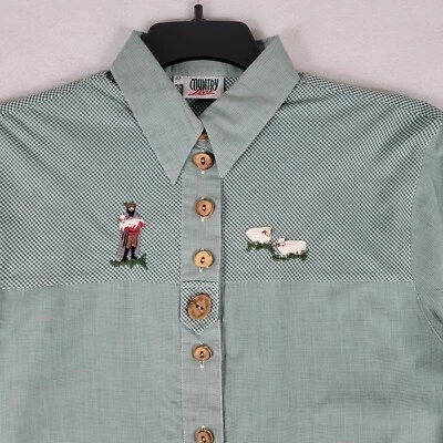 Vintage Women Peasant Shirt Large 42 Green White Check Gingham Farm Sheep Button - Image 1 of 4