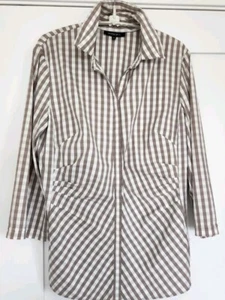 New York Lafayette 148 Pretty Taupe Gingham Ruched 3/4 Sleeve Blouse EUC 12 - Picture 1 of 6