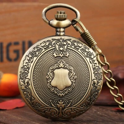 Handcrafted Carved Shield Design Waistcoat Quartz Pocket Watch with Hook Chain - Image 1 of 4