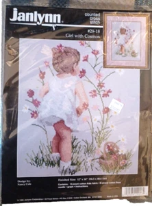 1995 Janlynn punto croce contato #29-18 ragazza con fiori cosmo 12"x16" mai aperto - Foto 1 di 4