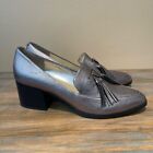 Marc Fisher Phylicia Stacked Heel Loafers Pewter Leather Tassels Career Women 10