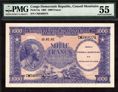 Congo 1000 Francs 1962 Pick-2a About UNC PMG 55 - Image 1 of 2