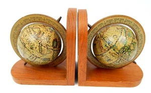 4D Pair Wood World Globe 'Old School' Bookends Decor Bookcase Vintage  - Picture 1 of 8